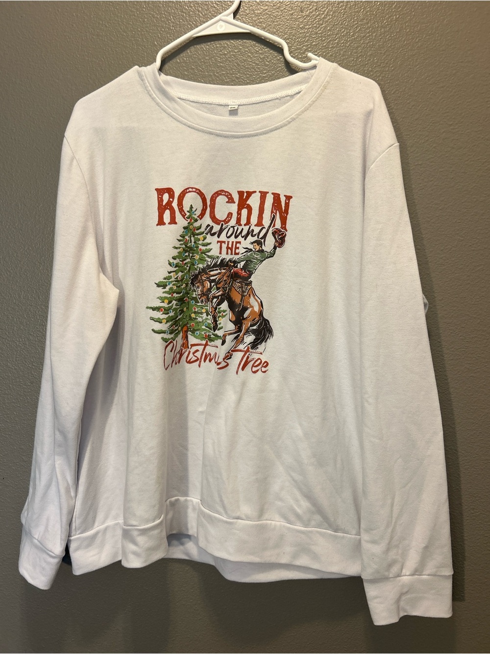 Size 2XL White Western Christmas Sweatshirt Rockin Around Tree Cowboy Bronco
